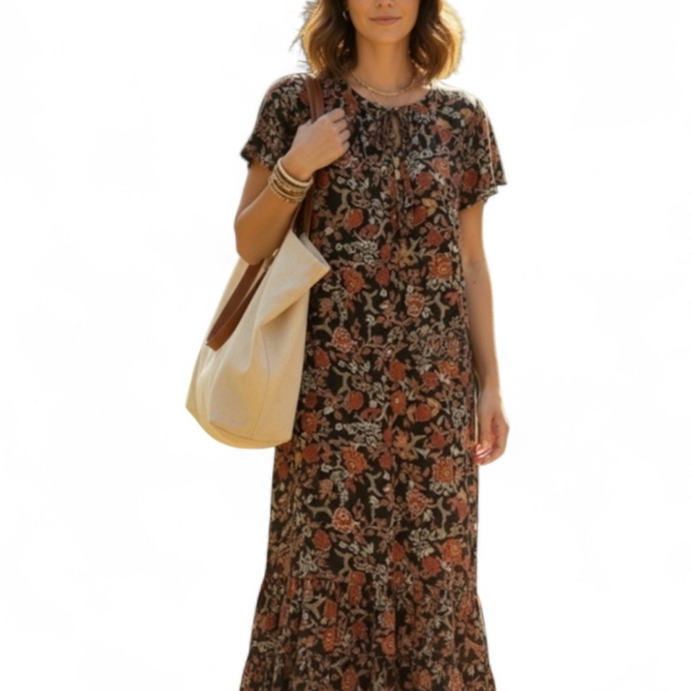 Cloth & Portrait Casual Brown and Black Ruffled Tiered Maxi Summer Dress Size S